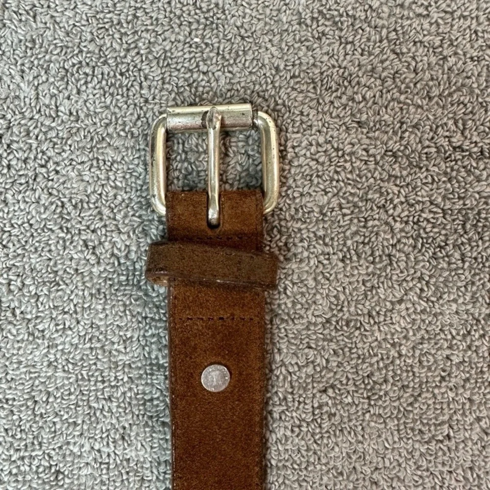 Mens Brown Suede Leather Belt Silver Roller Buckle Casual Rugged 46 Inch